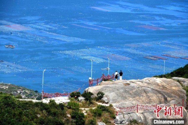 游客在白云山顶观看海上美景。　王东明 摄